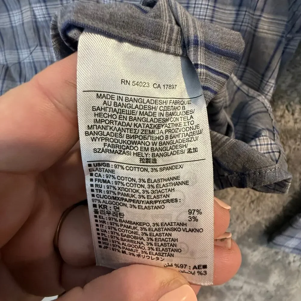 Banana Republic Slim Fit Blue Gray Plaid Check Western Shirt Peral Snap L Large